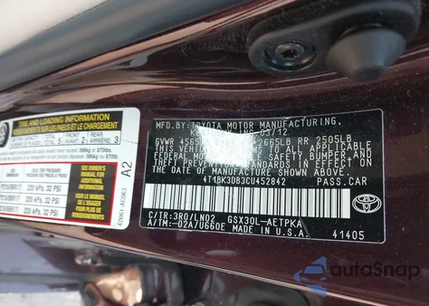 2012 Toyota Avalon Limited z USA, uszkodzony, nr VIN 4T1BK3DB3CU452842